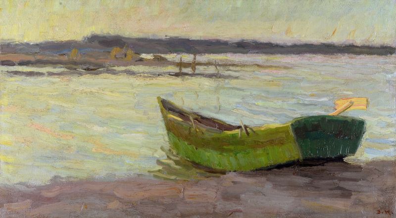 Pintura a óleo de Bernhard Klinckerfuß retratando um barco no lago Chiemsee, evocando tranquilidade e nostalgia.