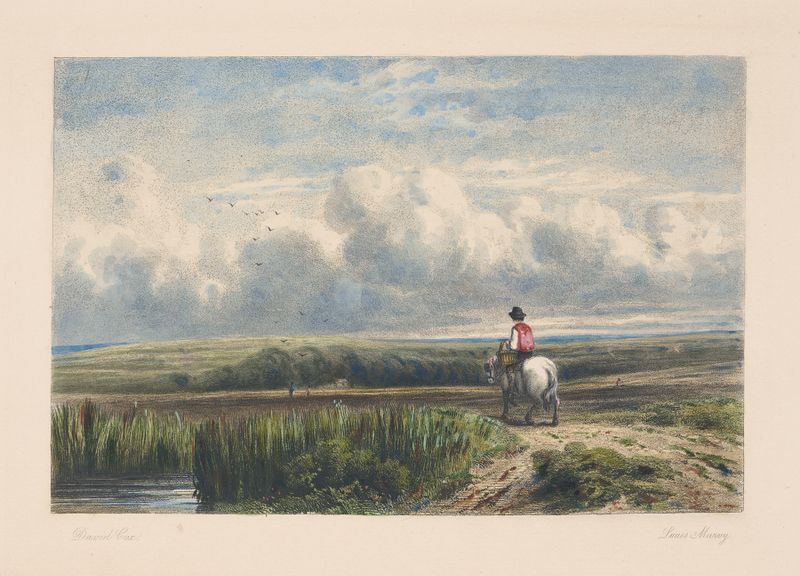 Landscape of hayfields by Louis Marvy, oil on canvas depicting rolling hills and golden light