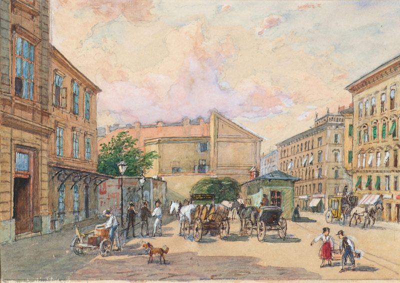 Architecture scene by Franz Reinhold, depicting buildings in Vienna, 1891.