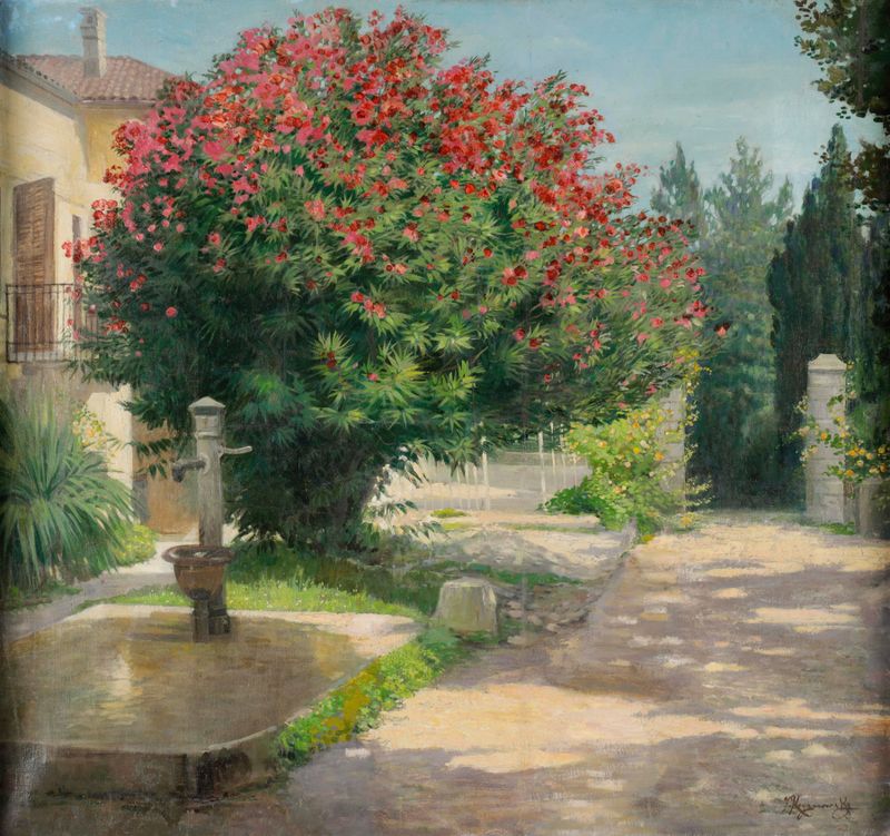Garten mit Oleander by Jakob Koganowsky, oil painting featuring vibrant oleander blooms and lush greenery
