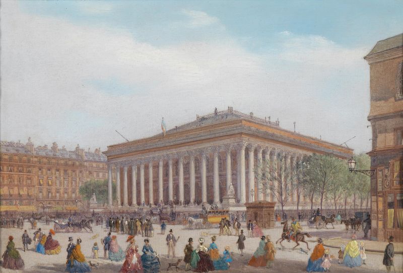 Interior scene of Paris Bourse by Carlo Bossoli, depicting merchants and light through glass.