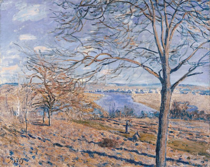 Banks of the Loing, Autumn Effect de Alfred Sisley, óleo sobre lienzo que muestra hojas de otoño y reflejos en el río