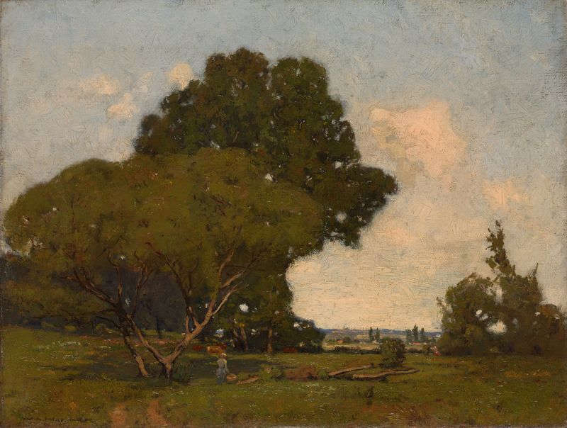 Paisagem de árvores sob luz suave por William A. Harper, pintura a óleo