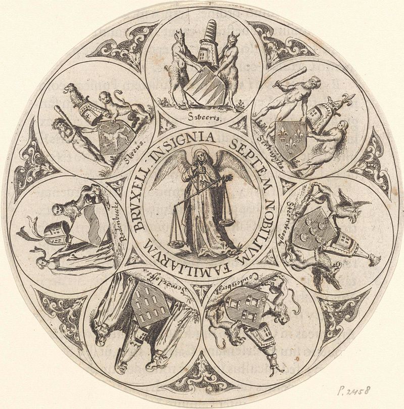 Wapens van zeven Brusselse edellieden de Wenceslaus Hollar, grabado de escudos heráldicos.