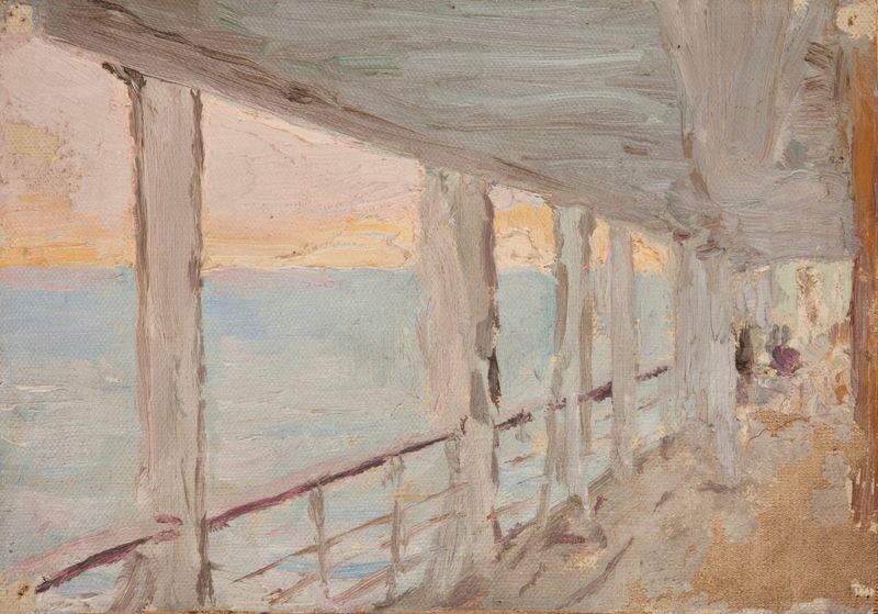 Óleo sobre lienzo de Jan Ciągliński que muestra un barco en el mar con suaves pasteles