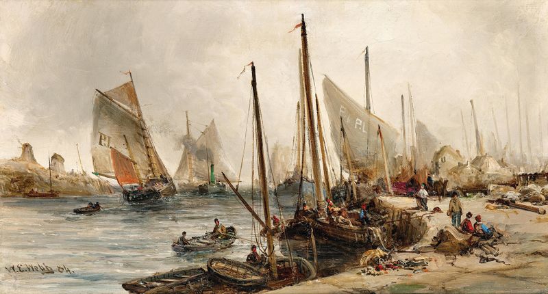 Fishermen in the harbour, pintura al óleo de William Edward Webb, con barcos y luz solar sobre el agua.