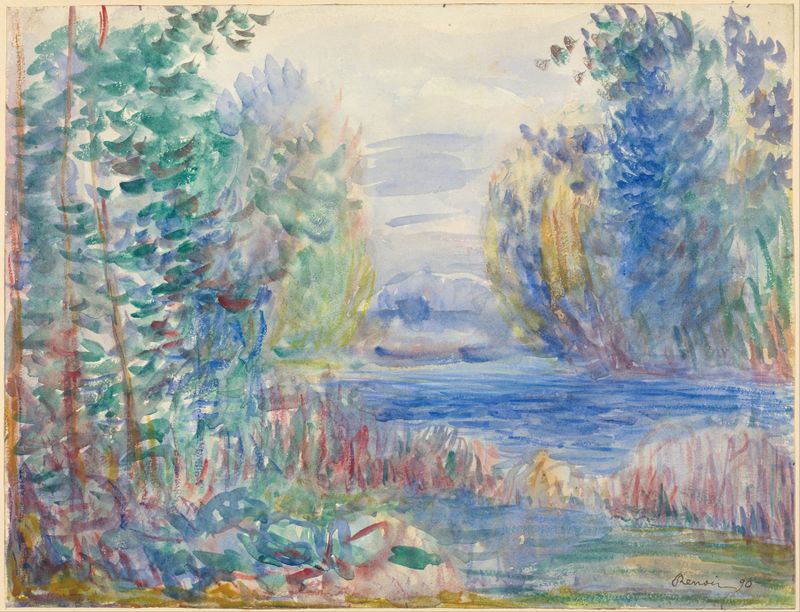 River Landscape de Pierre-Auguste Renoir, pintura al óleo que muestra un río sereno con árboles y luz solar.