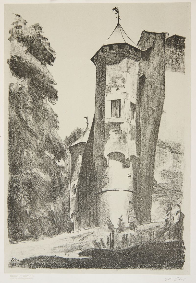Dębno – Zamek de Andrzej Zygmunt Oleś, óleo sobre tela retratando uma paisagem de castelo