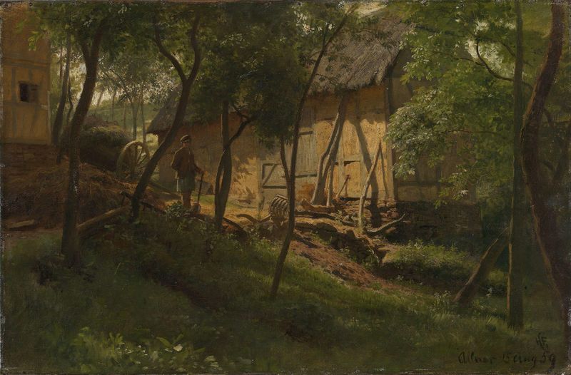 German Farm de Hans Gude, óleo sobre tela que retrata uma paisagem rural tranquila.