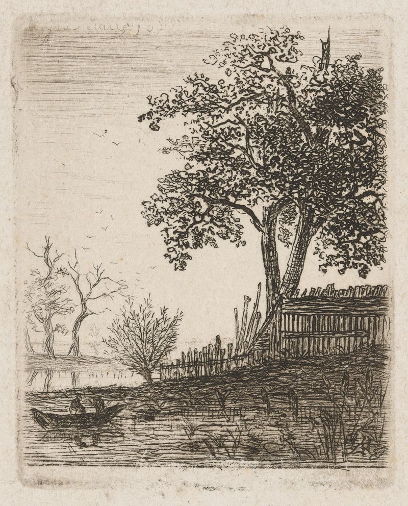 Etching by Auguste Delâtre depicting a rowboat moored on calm water