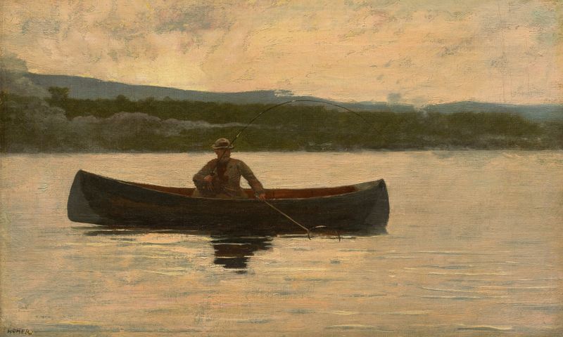Pintura al óleo de Winslow Homer de un niño sosteniendo un pez en la orilla del agua.