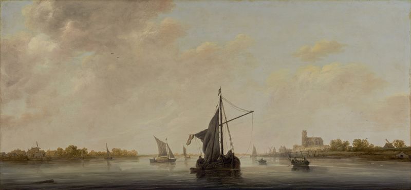 Landscape oil painting by Aelbert Cuyp depicting a river and sky