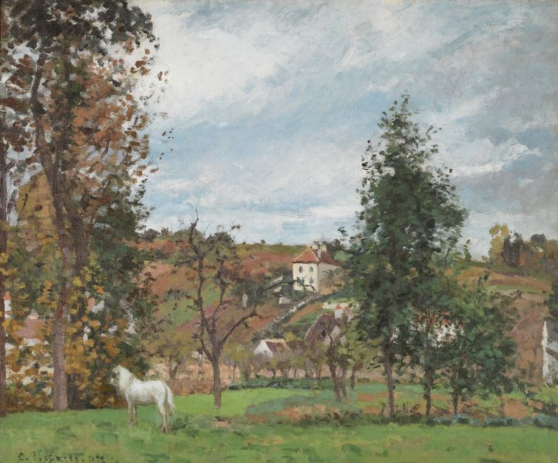 Paisagem pastoral com um cavalo branco em um prado, óleo sobre tela de Camille Pissarro.