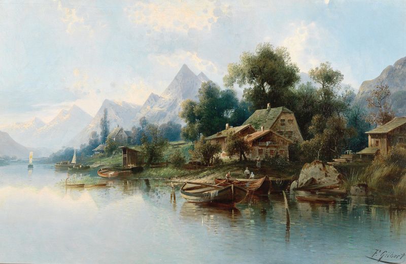 Large Mountain Lake de Karl Kaufmann, pintura al óleo que representa un lago sereno con montañas y nubes.
