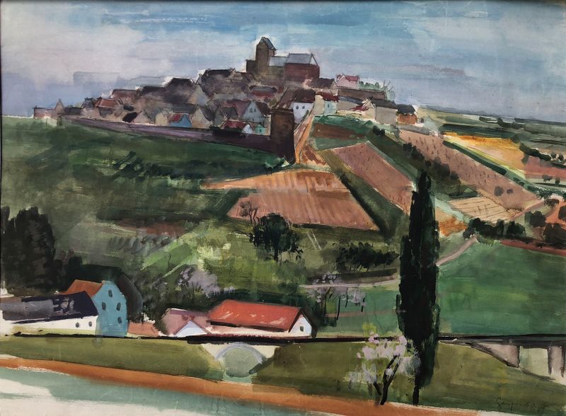 Paisaje que representa un pueblo en colinas onduladas de Otto Geigenberger, medio desconocido.