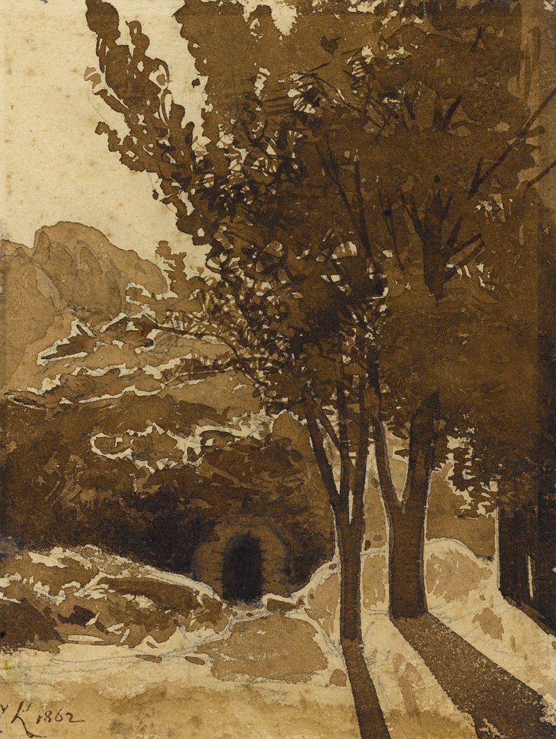 Entrée de souterrain de Henri-Joseph Harpignies, óleo que muestra un arco con sombras.