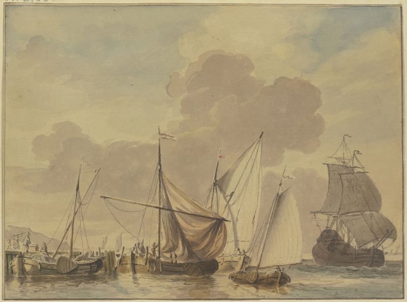 Marine mit fünf Schiffen im Vordergrund de Jan Verbruggen, representando barcos en el océano en un medio desconocido.