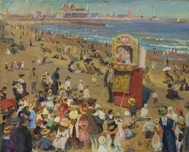 Punch and Judy on the Beach by William Samuel Horton, depicting puppets on a vibrant beach, oil painting.