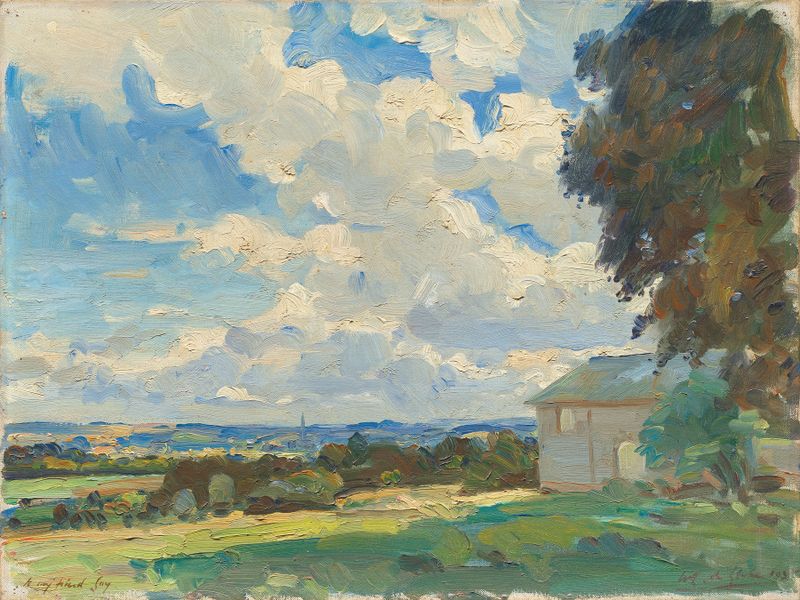 Salisbury Cathedral from a field above Wilton, oil on canvas by Wilfrid Gabriel de Glehn