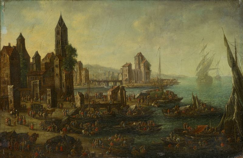 Seaport III by Adriaen Frans Boudewijns, oil on canvas depicting a serene harbor with boats and reflections.