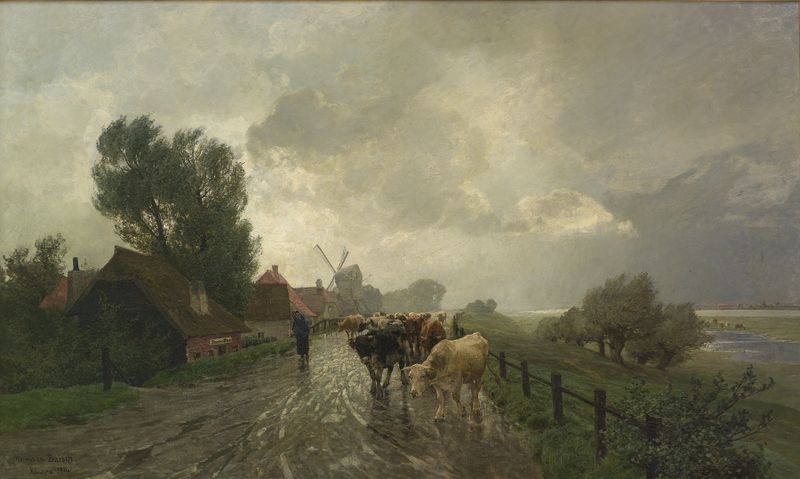 Regentag am Niederrhein by Hermann Baisch, oil painting depicting a rainy landscape with a river and clouds.