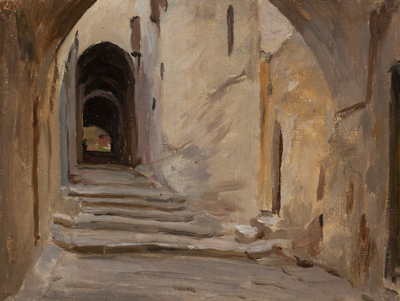 Óleo sobre lienzo de Jan Ciągliński que representa un paisaje al atardecer con Jerusalén a lo lejos.