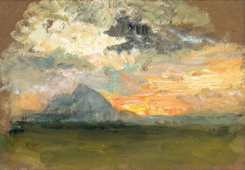 Sunset oil painting by Marie Egner featuring deep crimson and orange hues.