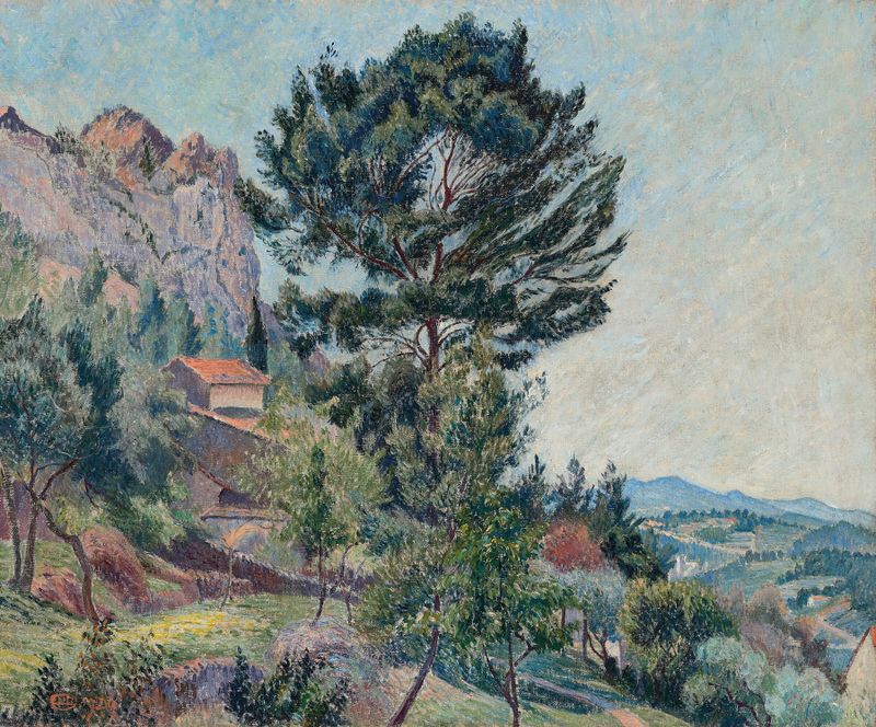 Landscape of sunlit rock in Un Rocher du Faron (Soleil) by Lucien Pissarro, oil on canvas