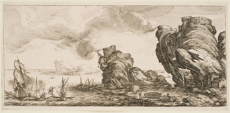 Cena de combate naval com navios em águas turbulentas, gravura de Jacques Callot