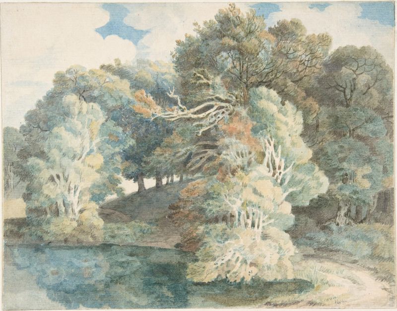 Trees by the Lake, Peamore Park, near Exeter, Devon by Francis Towne, oil painting depicting a serene lakeside scene.