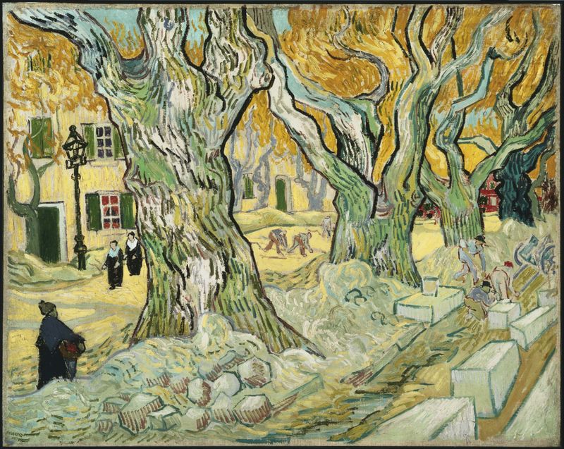 The Road Menders de Vincent van Gogh, óleo sobre tela, retrata figuras trabalhando em uma paisagem.
