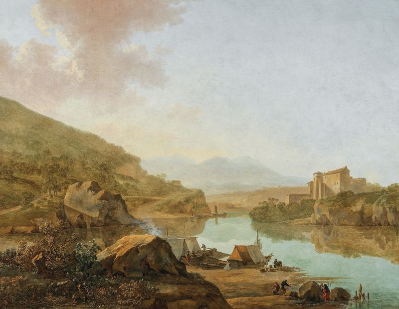 Un extenso paisaje fluvial italiano de Adam Pynacker, óleo sobre lienzo