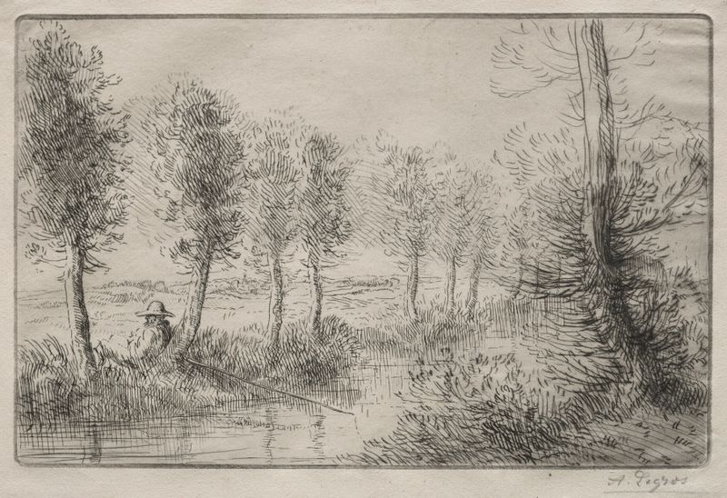 Cerca del Molino, óleo sobre lienzo de Alphonse Legros, que representa un paisaje con un molino, árboles y un camino.