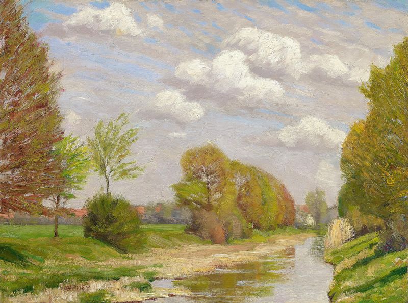 Paisagem impressionista representando um rio e vegetação exuberante de Walter Ophey