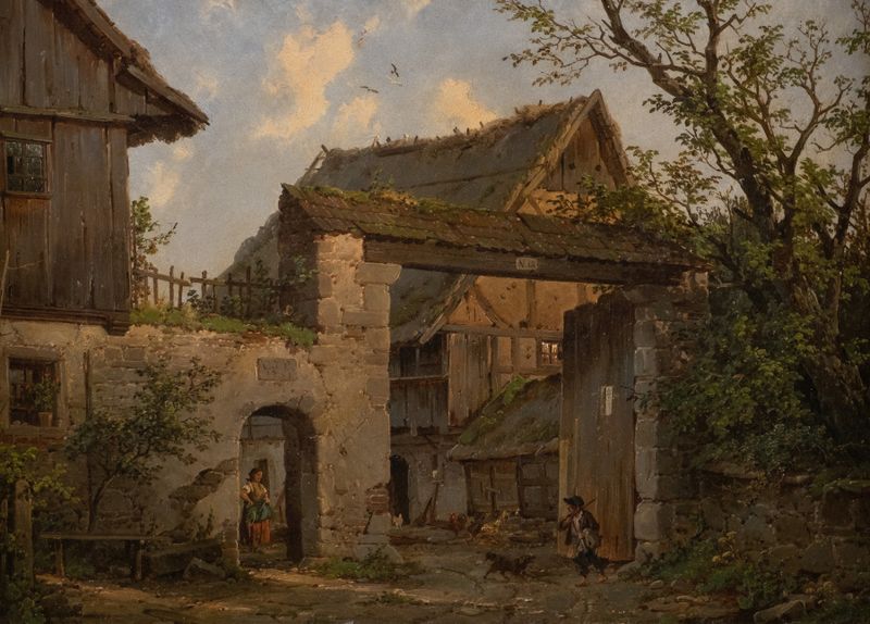 Farmstead in Spring, oil on canvas by Carl Julius von Leypold, depicting a tranquil landscape with flowers and a barn.