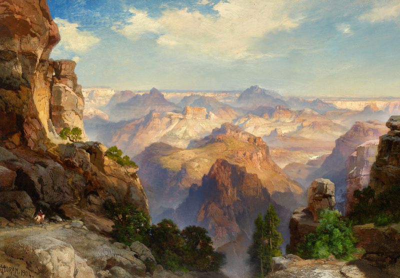 Grand View Trail de Thomas Moran, óleo que muestra un camino iluminado por el sol entre montañas y bosque