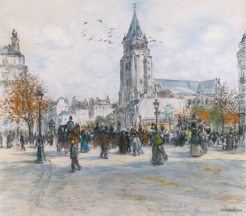 Figurative oil painting by Jean François Raffaëlli depicting a figure in solitude.