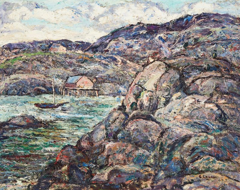 Rocky Coast, Nova Scotia de Ernest Lawson, óleo sobre lienzo que muestra olas y granito.