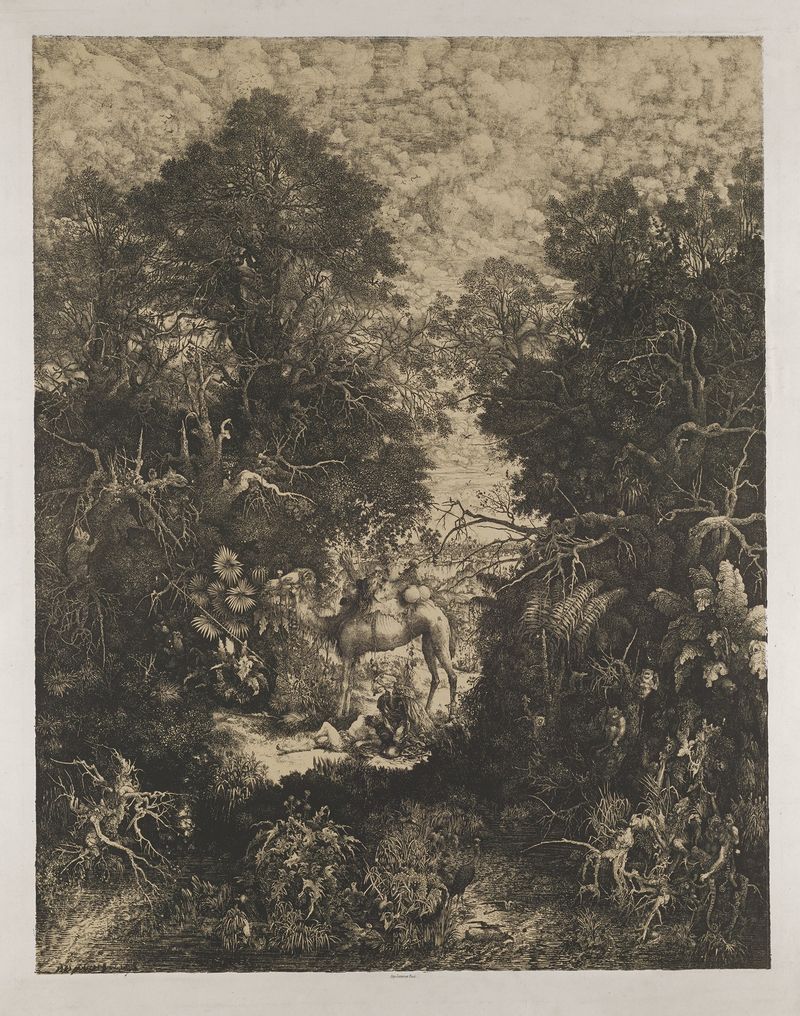 Engraving by Rodolphe Bresdin depicting the Good Samaritan aiding a wounded traveler