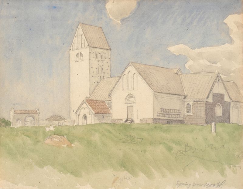 Ejsing Kirke by Joakim Skovgaard, oil on canvas depicting a church in a vibrant landscape.