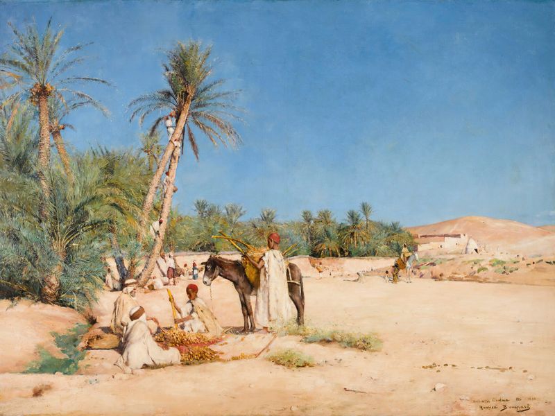 Cosecha de dátiles en Chetma de Maurice Bompard, pintura al óleo de un trabajador con dátiles y palmeras.