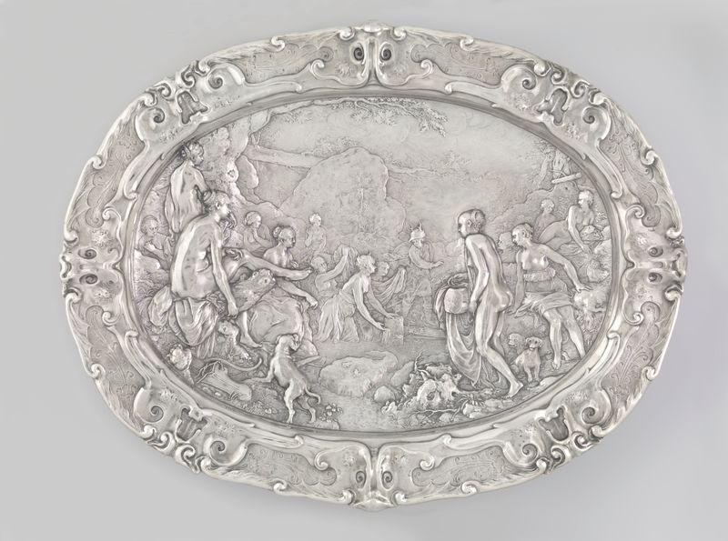 Basin depicting Diana and Actaeon, metalwork by Paulus Willemsz. van Vianen