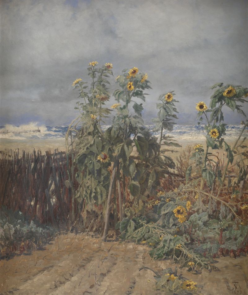 Sunflowers on a Beach by Thorvald Niss, oil on canvas, featuring vibrant sunflowers against a sandy beach.
