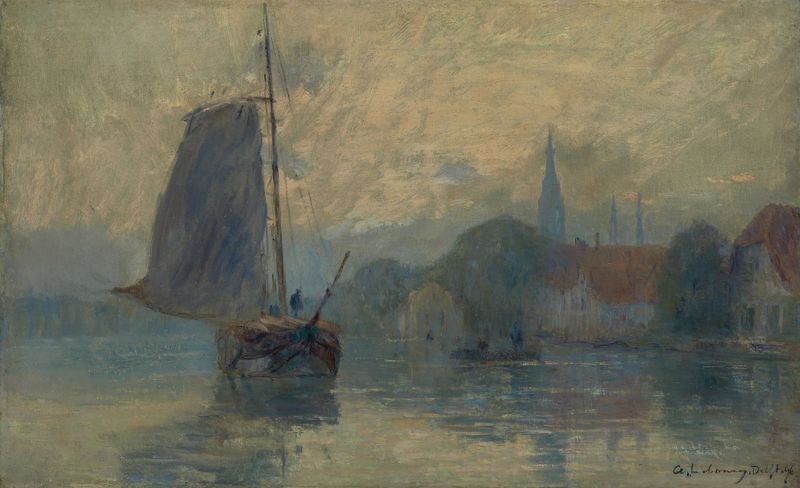 Landscape with fog over the Schie river, oil painting by Albert Lebourg