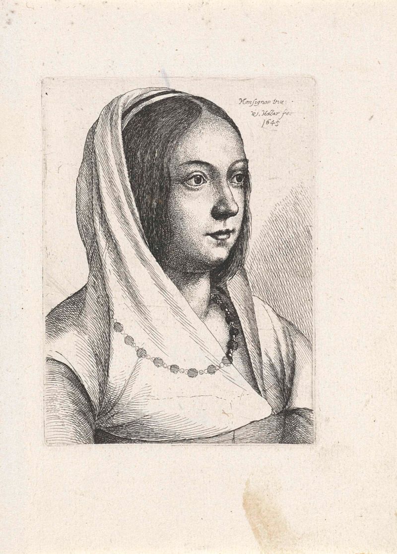 Retrato de una joven con un pañuelo, grabado de Wenceslaus Hollar