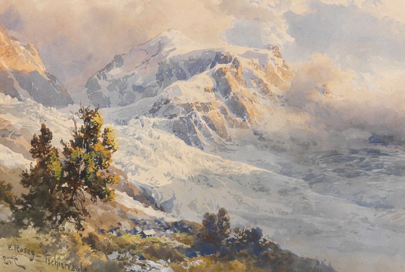 Alpine landscape with mountains and snow by Edward Theodore Compton, oil painting