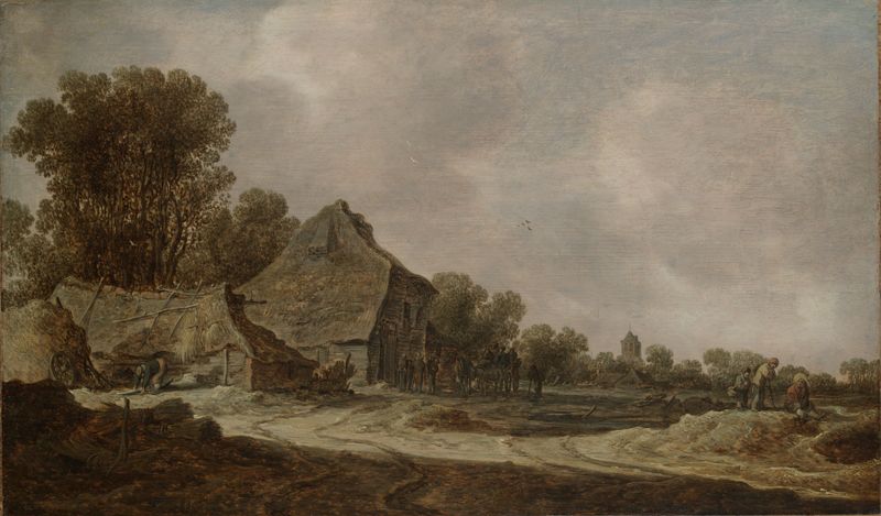 A sandy road with thatched cottages, oil on panel by Jan van Goyen