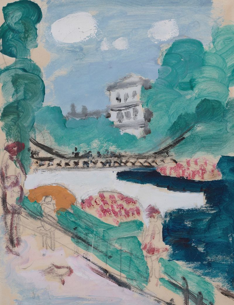 Bridge over river by Raymond McIntyre, oil on canvas depicting a bridge and river landscape.