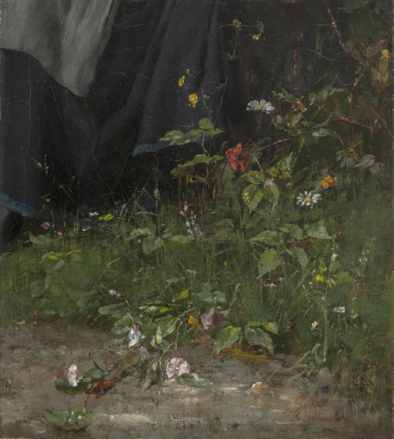 Oil painting by Johann Sperl depicting wildflowers basking in sunlight