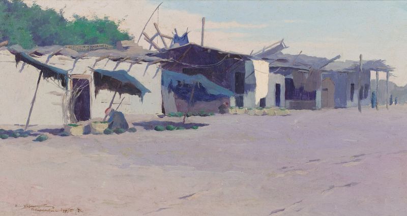 Cabana de vila na luz quente, óleo sobre tela de Eric Pape